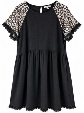 JODIFL Black Animal Print Sheer Sleeve Babydoll Dress Size S